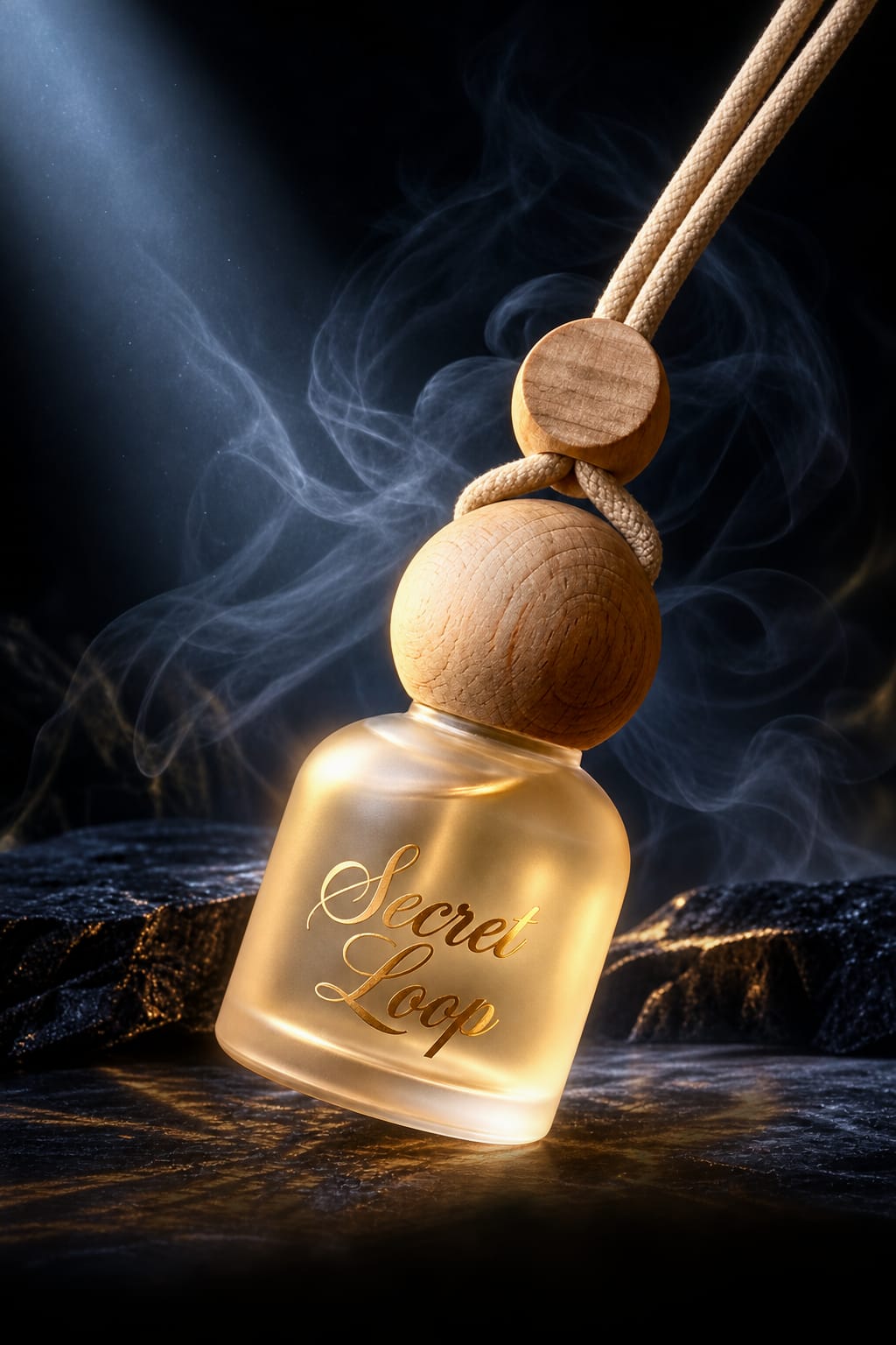 Secret Loop car perfume bottle, lit in drifting smoke